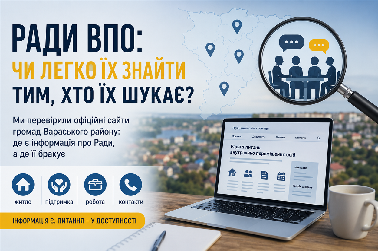 Відкритість інформації дає можливість зрозуміти, хто представляє інтереси ВПО, як зв’язатися з Радою, коли відбуваються засідання та чи можна подати власну пропозицію. Тому ми шукали не лише факт створення Ради, а й її «інформаційний слід» у відкритому доступі.