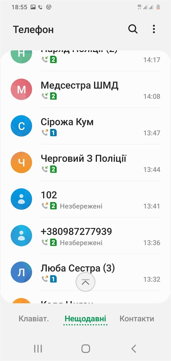 Скрін телефонної книги Богдана Бортника, де зазначено дзвінки на поліцію 2.02.2021