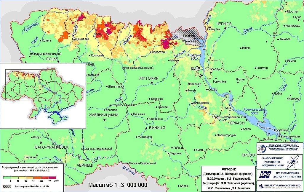 Фото: карта прогнозу на 2055 рік сумарних доз опромінення радіоізотопами Cs, Sr і трансурановими елементами. За інформацією Гідрометеорологічної служби, сайт "Ракурс"
